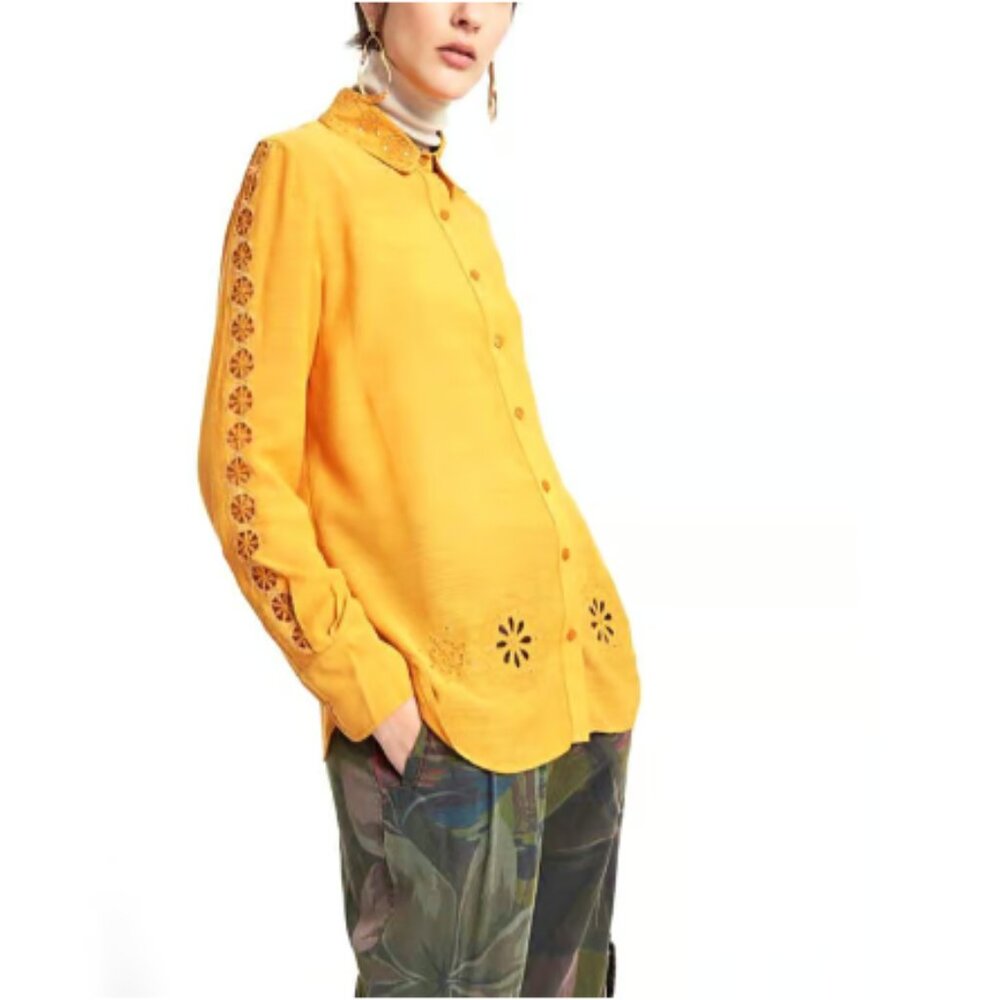 Desigual Medium Yellow Embroidered Sequins Regular Fit Button Down Bohemian